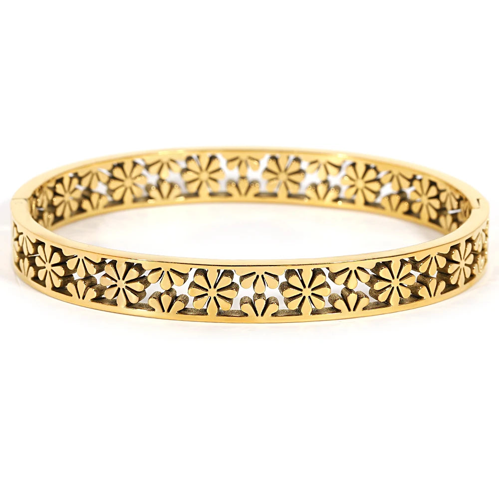 Greatera Irregular Hollow Leaf Flower Decoration Stainless Steel Opens Bracelet For Women Men Cubic Zircon Filled Luxury Bangle