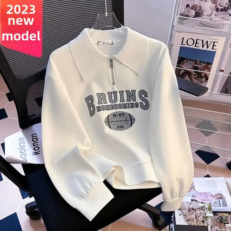 Long Sleeve Women's Fashionable Loose Polo Neck Printed T-shirt Spring Autumn Winter New Style Base Layer Shirt Outerwear