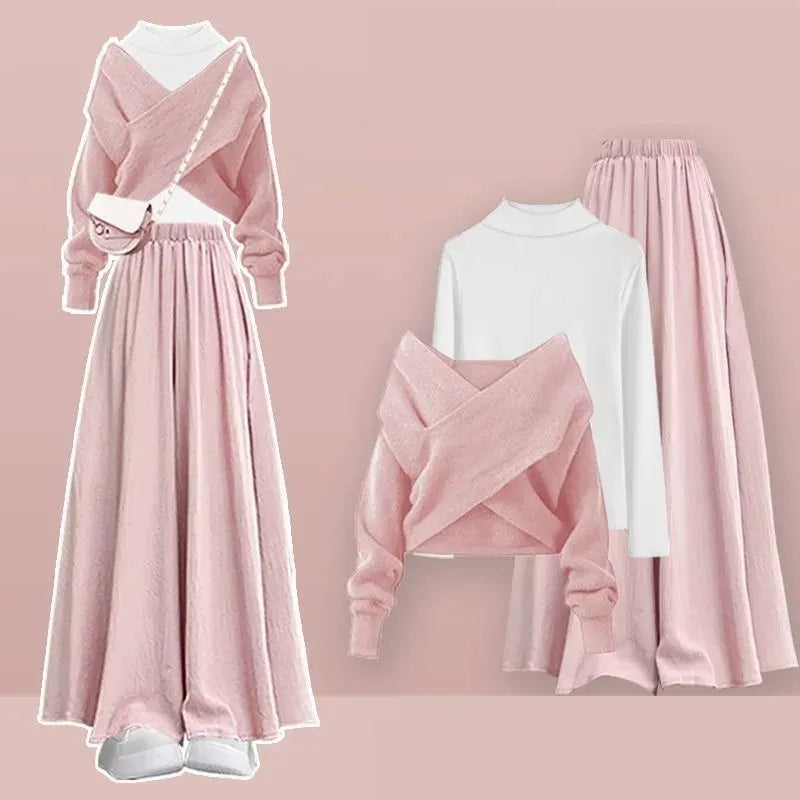 Women's 2025 Autumn/Winter New Fashion In Matching Set Korean Elegant Knitted Sweater+Undershirt+Casual Skirt Pants 3-Piece Suit