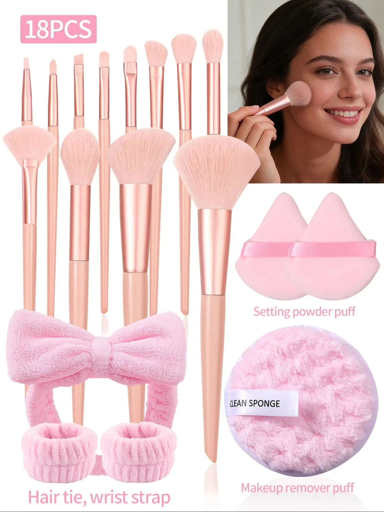 1pcs/18pcs Makeup Tool Set: 12 Pink Makeup Brushes, Triangular Powder Puffs, Wristbands, Hairbands, Facial Cleansing Puffs