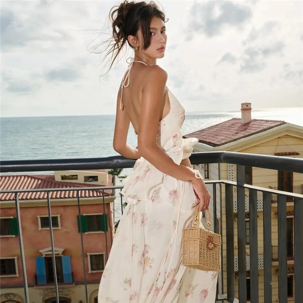 SylCue Flower Print 2 Piece Set Woman Halter Low-Neck Bow Decoration Tank Tops+Ruffles Long Skirts Beach Style Elegant Outfits