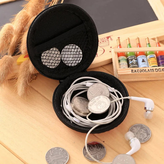 Headphone Storage Bag Diameter 8CM Round Headphone Organizer Storage Box with Partition Coin USB Flash Drive Cable Storage Case