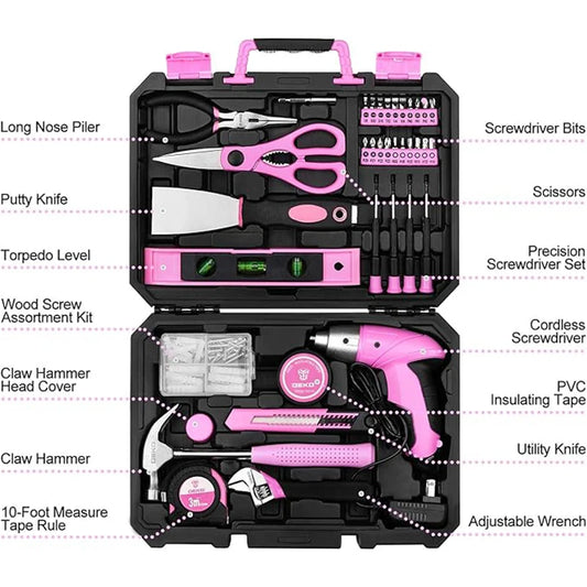 DEKO DKMT98-GP Pink 98 Piece Tool Set General Household Hand Tool & for Woodworking Kit with Plastic Toolbox Storage Case
