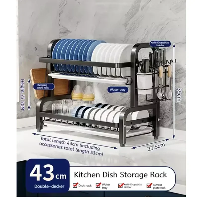 2025 New 2-Tier Stainless Steel Dish Drainer Compact Kitchen Organizer with Utensil Holder Rustproof Countertop Storage