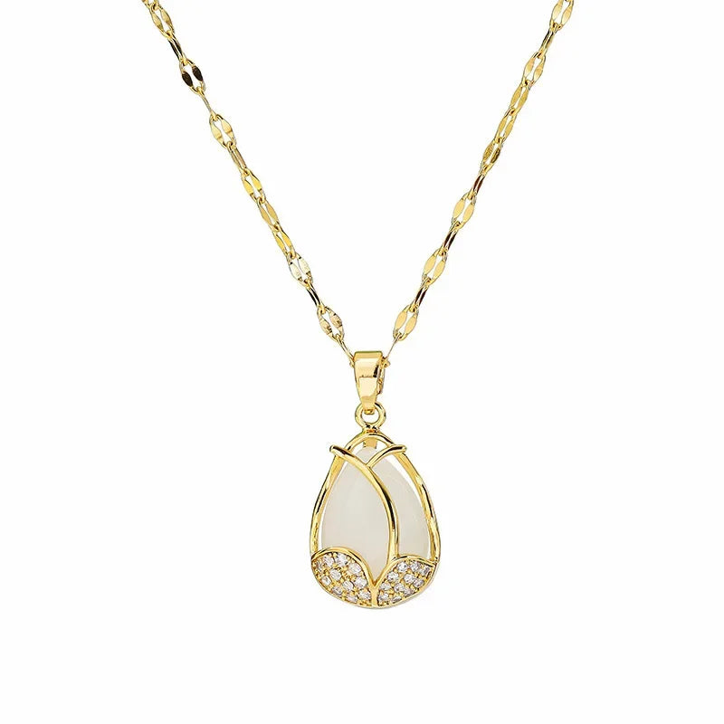 Korean Fashion Tulip Necklace with Rhinestone Golden Necklace Luxury Classic Party Clavicle Chain Necklaces for Women Jewelry