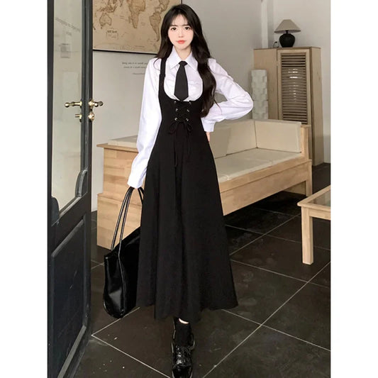 Japanese Style Preppy Fit Waist-Conscious Slimming Crossbody Dress Women's Loose Medium-Length Tank Dress Versatile Korean Versi