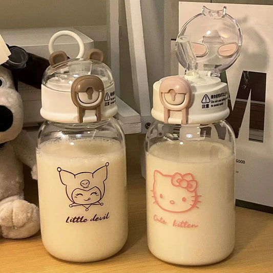 Sanrio Anime Transparent Straw Cup Hello Kitty Pochacco 600ML Cartoon Plastic Water Cup Straw Drinking Student Portable Handle