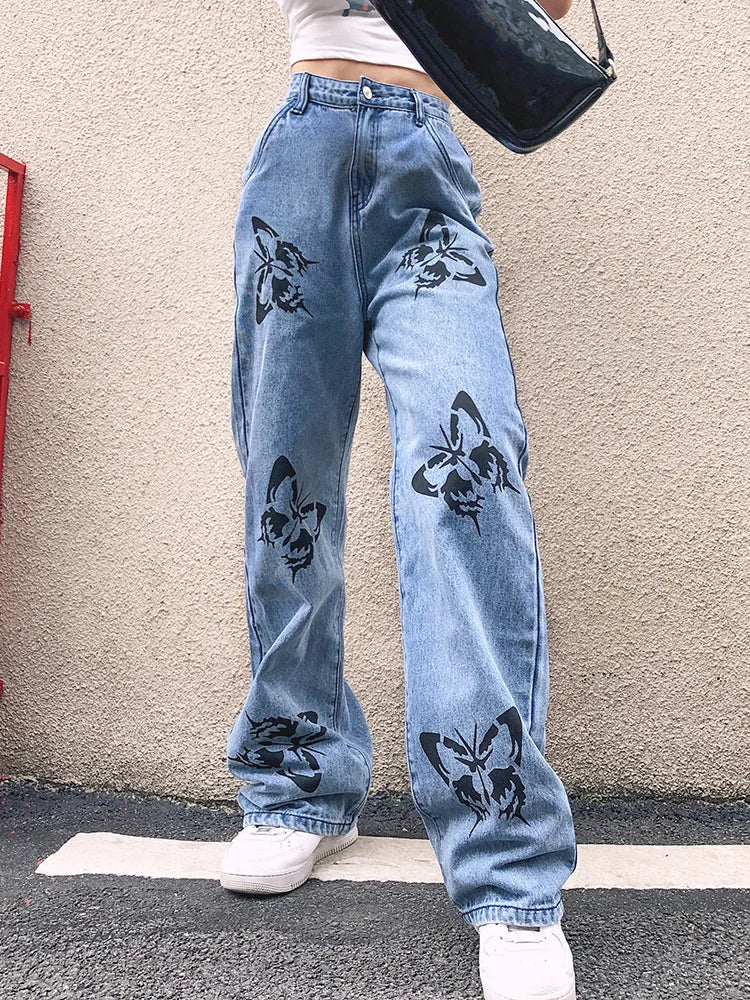 2023 Fall Trousers High Waist Butterfly Print Y2K Jeans For Women Fashion Loose Denim Straight Leg Pants Casual Clothing XS-L