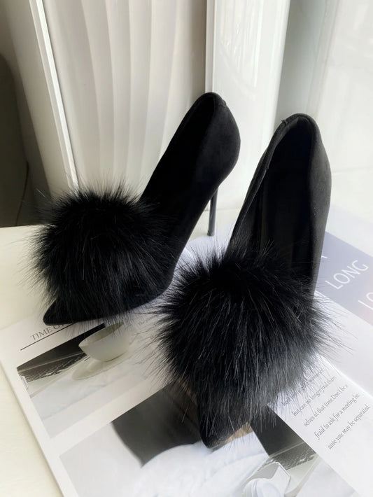 1pair New Bridal Shoes With Detachable Fluffy Pom Pom & Buckle, Daily Versatile Flattering Fashion Shoes Clip