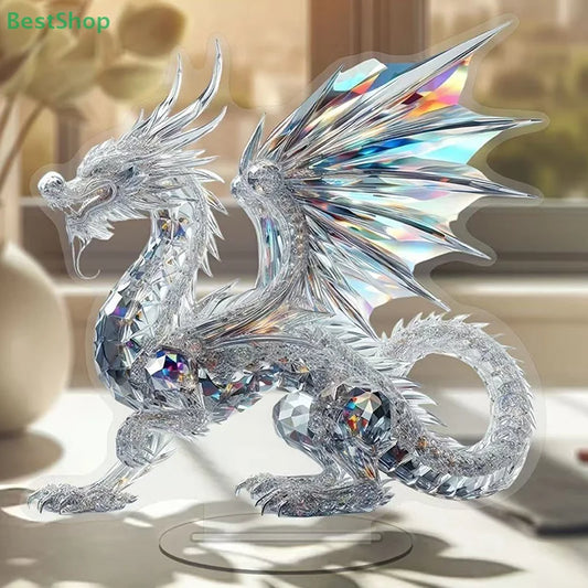 ❤2D Flat Acrylic White Crystal Dragon Statue Studio Display Table Ornament Gift Home Decor