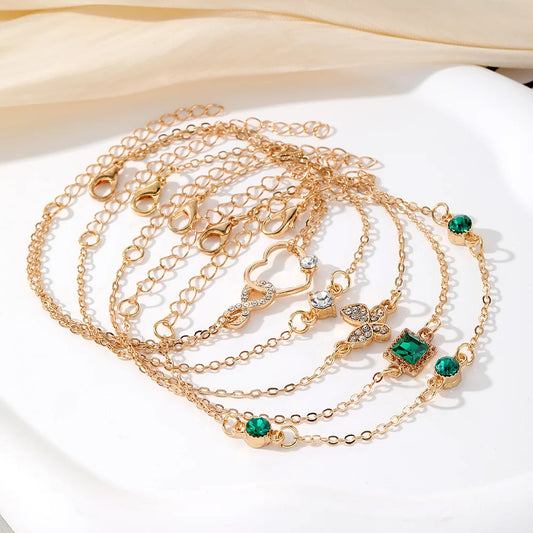 New Luxurious Geometry Square Green Crystal Bracelets Women Fashion Exquisite Butterfly Love Heart Metal Bracelets Set Jewelry