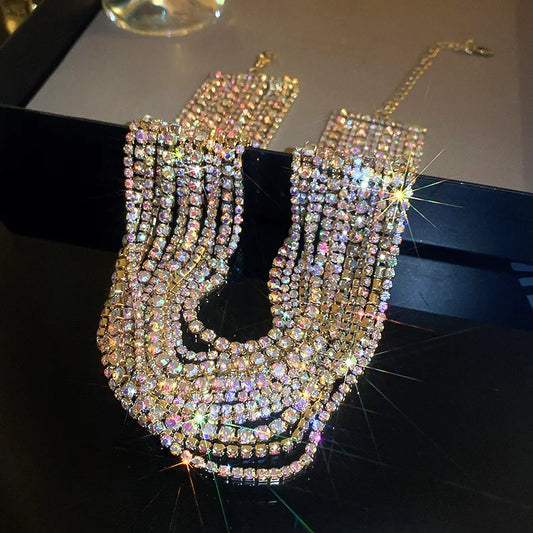 Luxury Colorful Crystal Chokers Necklaces for Women Multilayer Gold Color Chain Rhinestone Necklaces Statements Jewelry