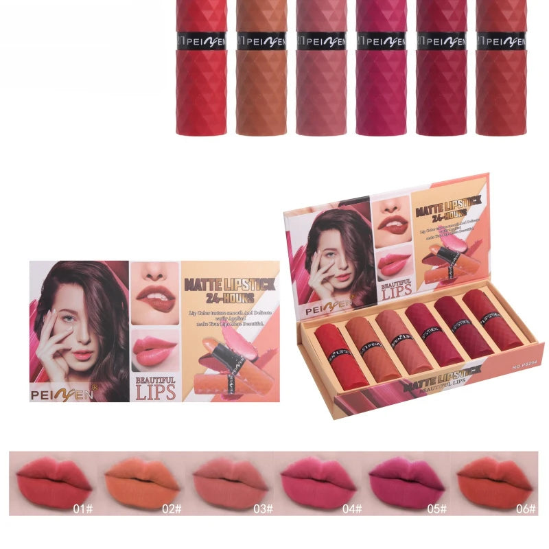 Six-color Long-lasting Premium Lipstick Set, Water-resistant and Long-lasting, Enhances Color Without Staining The Cup