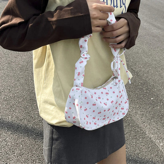 Women Small Underarm Bag Y2K Sweet Printed Zipper Tote Pleated Strap Handbag Half Moon Design Versatile Ladies Shoulder Bags