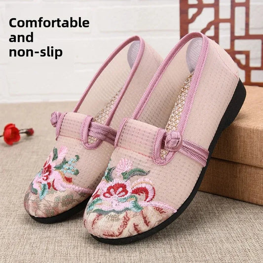 Embroidered Flat Bottom Women's Slip-On Summer Shoes Soft Bottom Mesh Breathable Retro Beijing Cloth Shoes for Middle-Aged And E