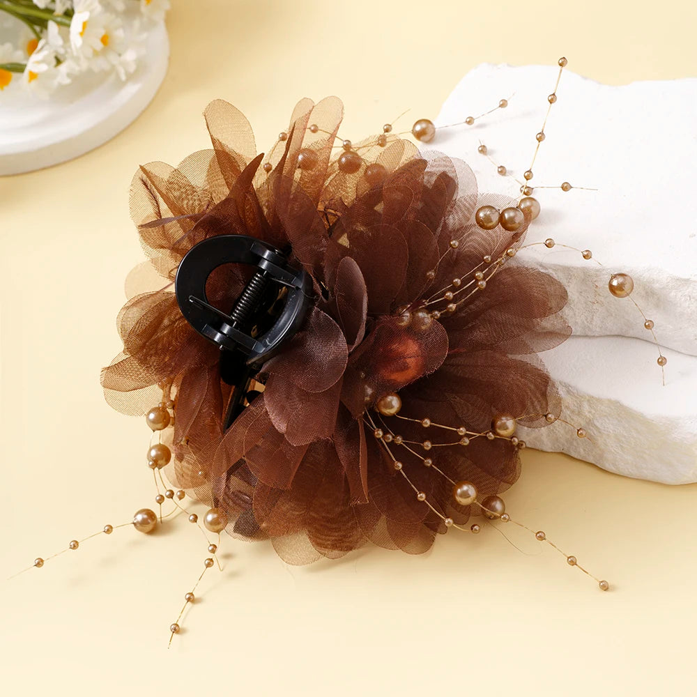 Fashion Elegant Mesh Flower Hair Claws Grab Pearl Tassel Women Shark Ponytail Hair Clips Hairpins Hair Accessories Headdress