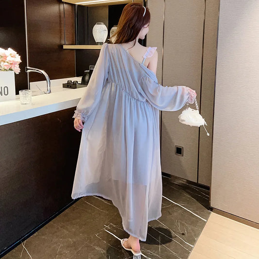 Sexy Long Wedding Twinset Robe Set Nightgown Patchwork Lace Suspender Nightdress Summer Bathrobe Gown Loose Silk Satin Homewear