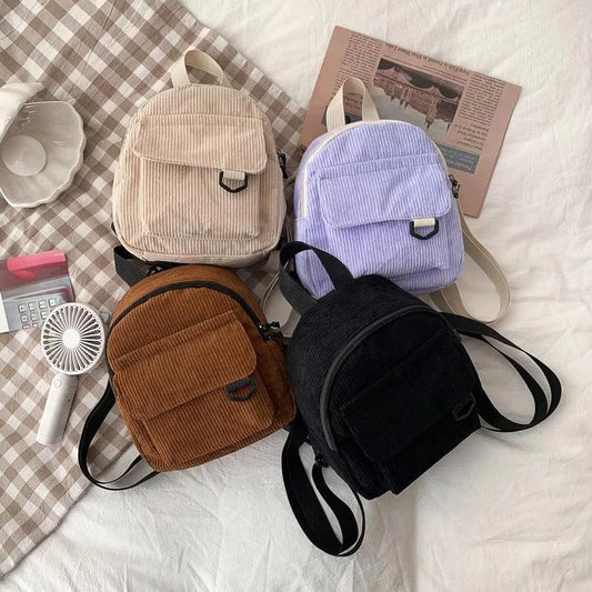 Women's Mini Backpack Fashion Solid Color Corduroy Small Simple Leisure Travel Large Capacity Durable School Bag