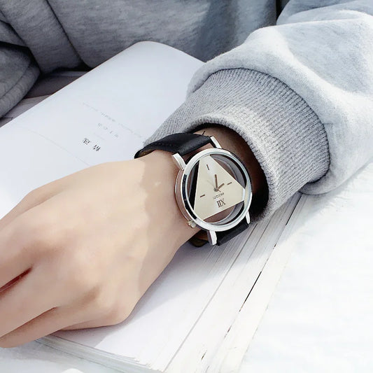Fashion hollow triangle women quartz watches simple novelty and individualism creative wrist watch black white leather clock