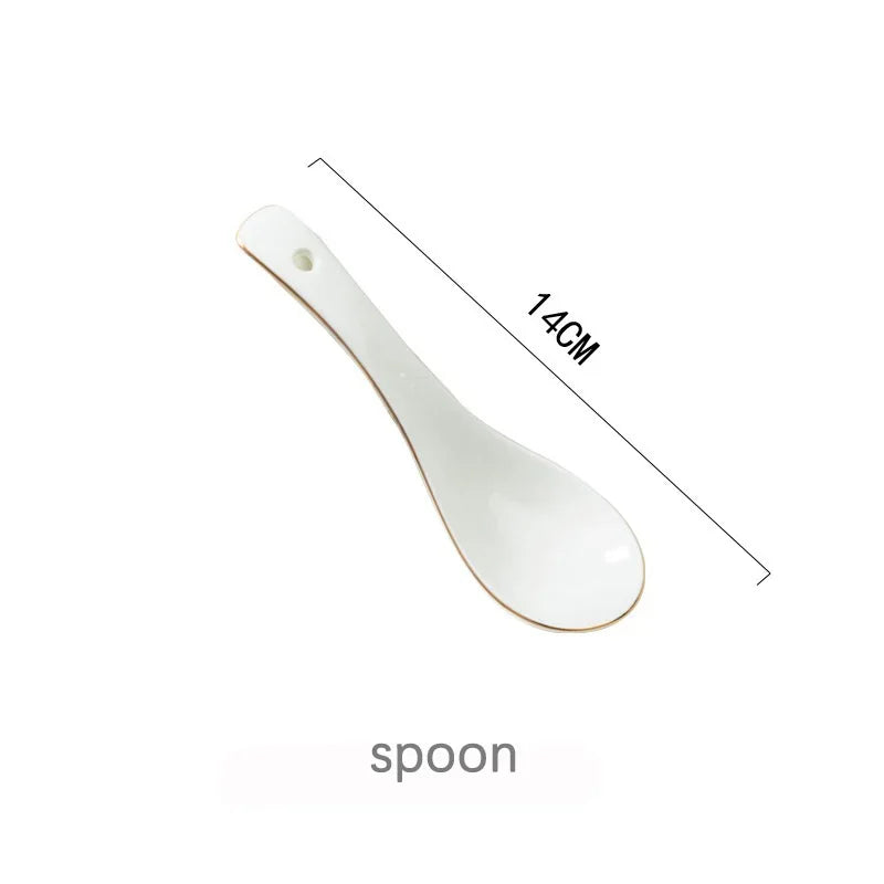Ceramic Plates Bowls Gilt Rim White Porcelain Dinner Tray Kitchen Plates Ceramic Tableware Food Dishes Rice Salad Noodles Bowl