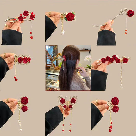 Delicate Tassels Rose Flower Alloy Hairpins for Women Girls Charm Retro Hair Clip New Hair Women's Accessories Gifts