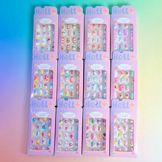 24PC/Box Children's Press On Nails With Jelly Glue Girl's Colorful Cartoon Full Cover Bear Bunny Cat Pattern Fake Nail FalseNail