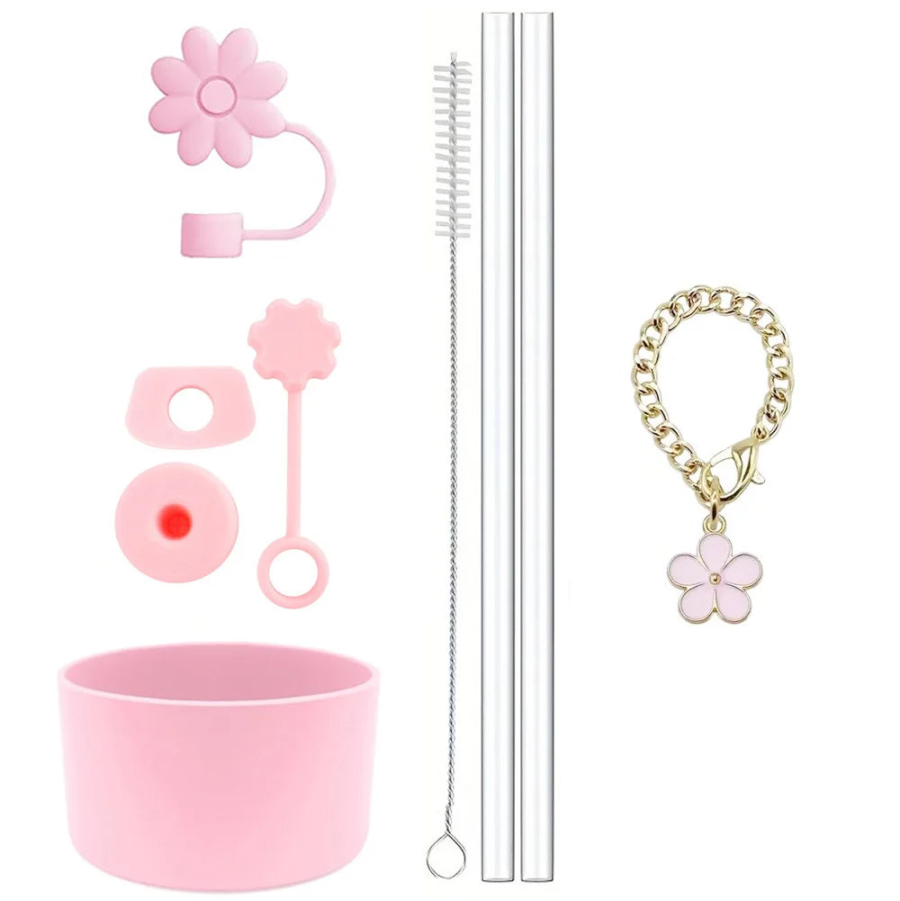 Cup Accessories for Stanley Cup Set of 9 Straw and Brush and 1 Flower Charm Chain 3 Spill Proof Stopper Flowers Straw Cover Boot