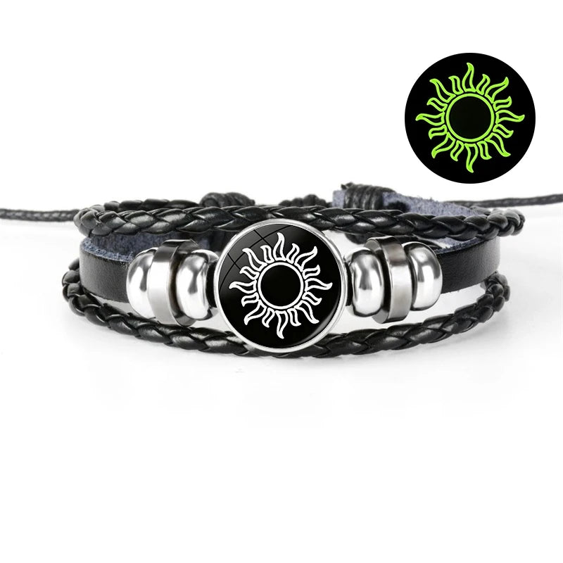 Charm Luminous Sun Moon Lover Leather Bracelet Vintage Punk Multi layer Beaded Weaving Bracelet Couple Gift