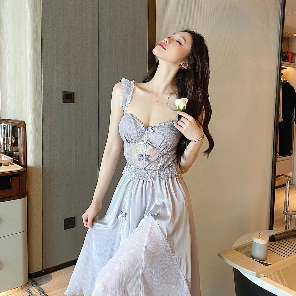 Sexy Long Wedding Twinset Robe Set Nightgown Patchwork Lace Suspender Nightdress Summer Bathrobe Gown Loose Silk Satin Homewear