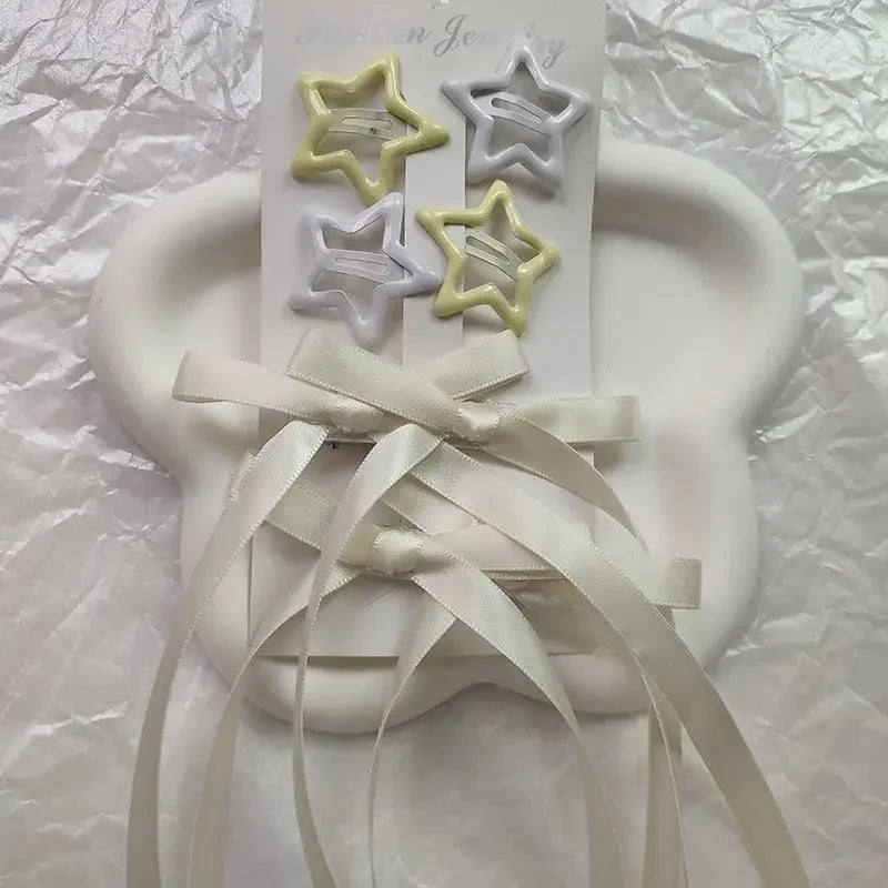 6pcs/Set Colorful Star Shaped Snap Hair Clips Y2k Metal Duck Bill Barrettes With Bowknot Tassel Women Girls Hair Accessories