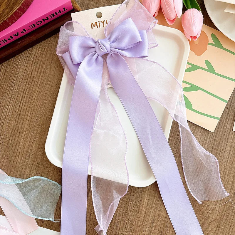 Women Elegant Lace Bow Ribbon Hair Clips Solid Color Satin Заколка Бант Girls Korean Hairpins Party Headdress Hair Accessories