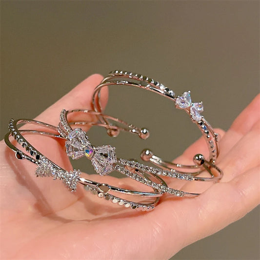 New Fashion Luxury Sweet Bow Zircon Silver Color Copper Open Bracelets for Women Shiny Full of Rhinestone Jewelry Party Gift