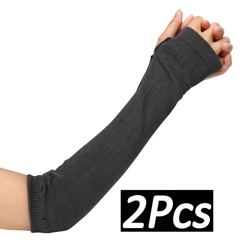1 Pair Women Arm Warmer Fingerless Long Gloves Knitted Striped Warm Mittens Protection Arm Warmer Half Finger Sleeves