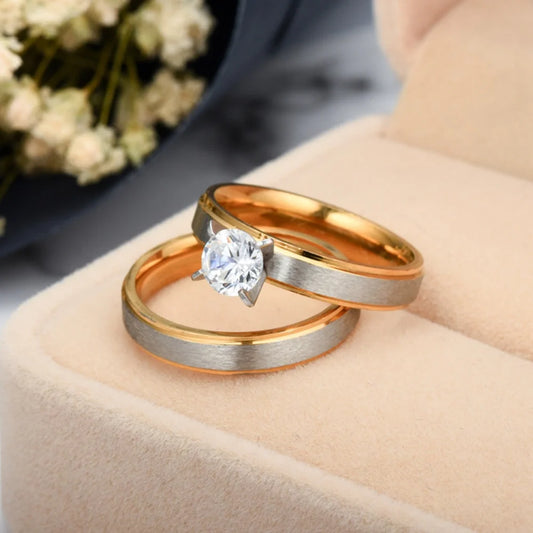 Fashion Matte 4-Prong Zircon Stainless Steel Couple Rings For Women Men Engagement Ring Valentine Day Jewelry Gift Size 6-12