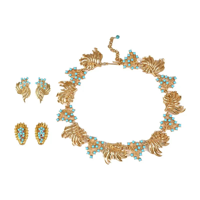 Vintagevintage Light Blue Rhinestone Vacuum-Plated Hollow Relief Elegant Necklace Earrings Jewelry Set For Special Occasions