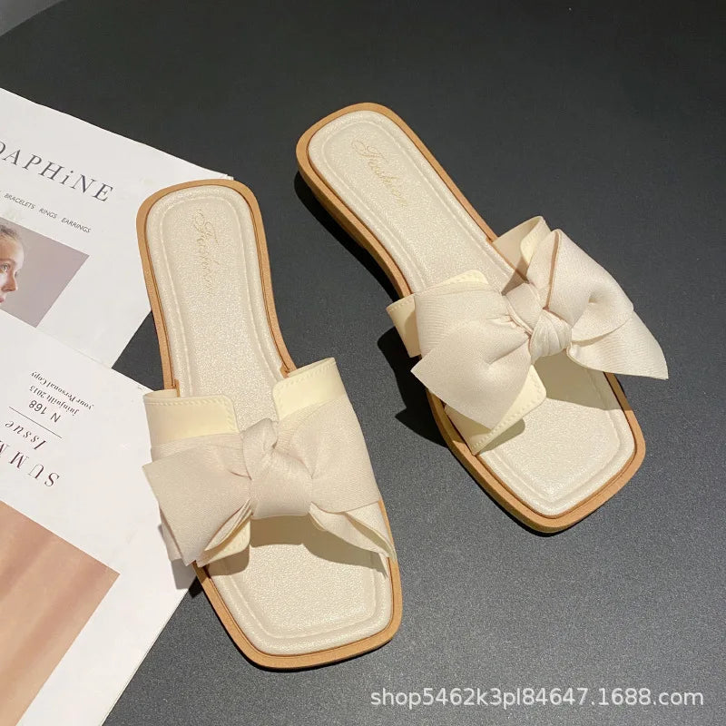 Summer New Women's Slippers Casual Butterfly Knot Low Heel Sandals Beach Outdoor Wear Comfortable Flat Shoes Sweet Style