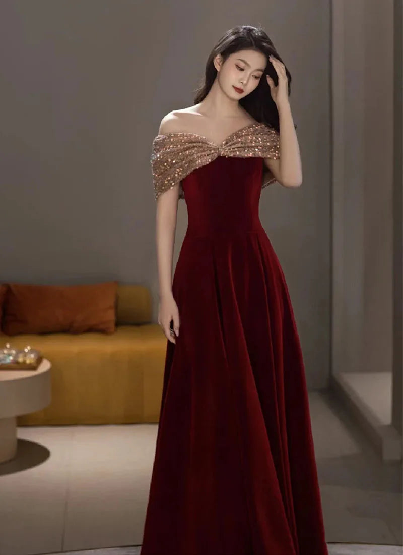 DongCMY Vestidos De Novia-f-Spring Burgundy One-shoulder Evening Gown For Women Wedding Dress Elegant And Pretty Dresses