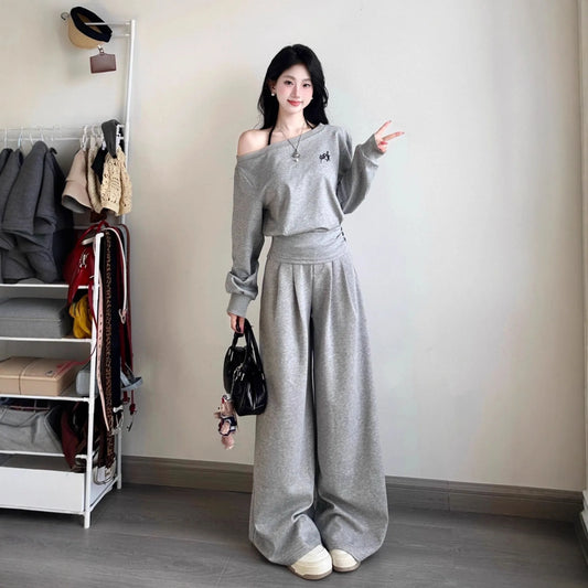 Elegant Shoulder Casual Sporty Loose Women's Short Sleeve Two-Piece Set Korean Style Fashion Wide Leg Pants Slimming