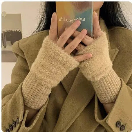 Women's Knitted Fingerless Gloves Touchscreen Thermal Plush Gloves for Autumn Winter Non-Slip Grip