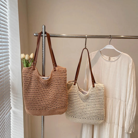 Designer Handmade Summer Beach Purses Handbags Casual Hollow Straw Women Shoulder Bags