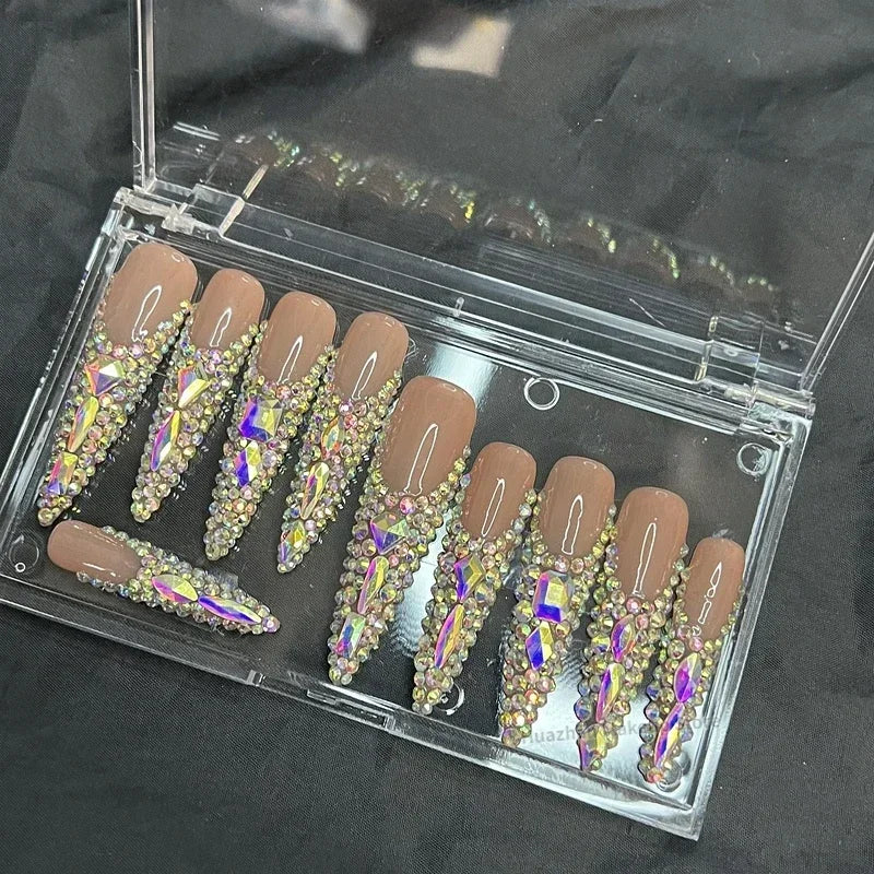 Customized Bling Rhinestone XXXL Press On Nails Handmade Luxury 5CM Long Coffin Stiletto False Nail Tip Reusable Fake Nail Party