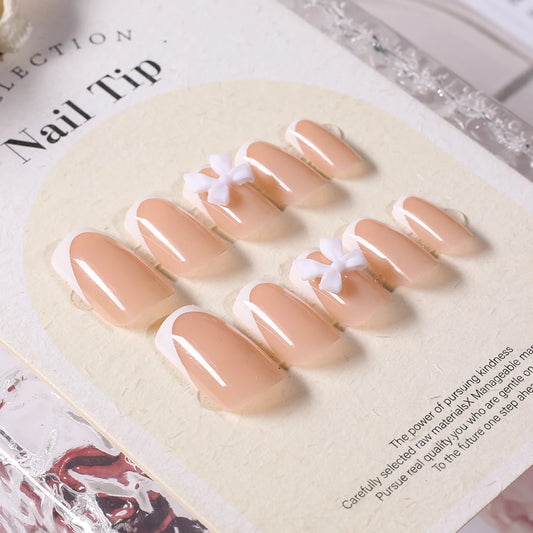 24Pcs White French Square Press on Nails with 3D Bowknot Full Cover Short False Nail Wearable Fake Fingertip for Women&Girls DIY