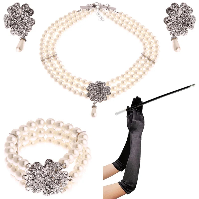 1920s 1950s Women Fashion Jewelry Gatsby Cosplay Accessory Set Pearl Necklace Earring Glove Cigarette Holder Audrey Hepburn