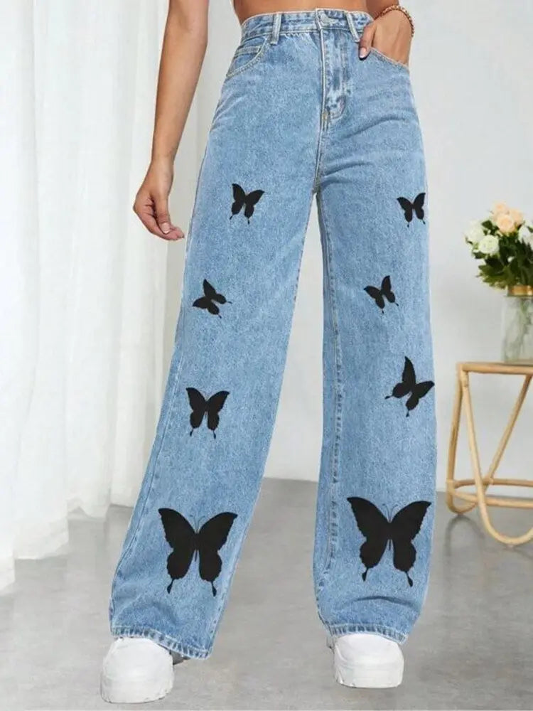 2023 Fall Trousers High Waist Butterfly Print Y2K Jeans For Women Fashion Loose Denim Straight Leg Pants Casual Clothing XS-L