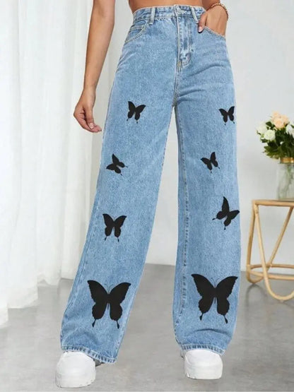 2023 Fall Trousers High Waist Butterfly Print Y2K Jeans For Women Fashion Loose Denim Straight Leg Pants Casual Clothing XS-L