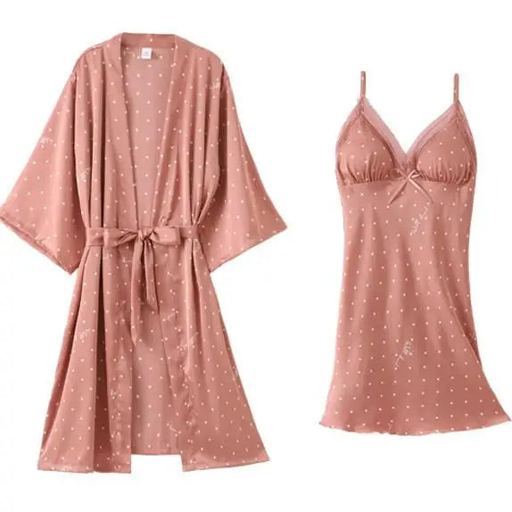 Pajamas Suit Women Sexy Pyjamas Print Polka Dot Sleepwear Loose Nightwear Satin Intimate Lingerie Casual Shirt&Pants Sets