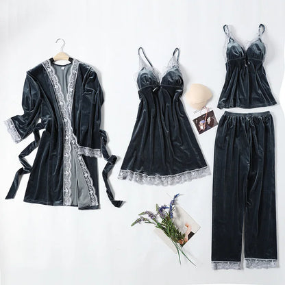 Women's Pajama Set 4Pcs Velvet Sleepwear Robe Gowns Nightwear V-Neck Sexy Pijamas Ladies Home Suit Nightgown Bride Bathrobe Gown