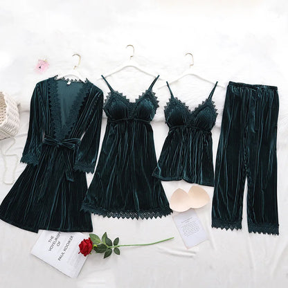 Women's Pajama Set 4Pcs Velvet Sleepwear Robe Gowns Nightwear V-Neck Sexy Pijamas Ladies Home Suit Nightgown Bride Bathrobe Gown