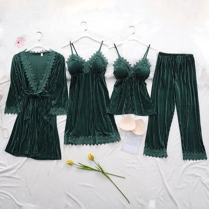 Women's Pajama Set 4Pcs Velvet Sleepwear Robe Gowns Nightwear V-Neck Sexy Pijamas Ladies Home Suit Nightgown Bride Bathrobe Gown