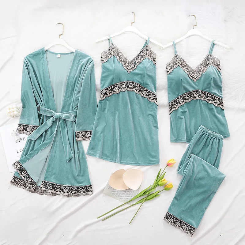 Women's Pajama Set 4Pcs Velvet Sleepwear Robe Gowns Nightwear V-Neck Sexy Pijamas Ladies Home Suit Nightgown Bride Bathrobe Gown